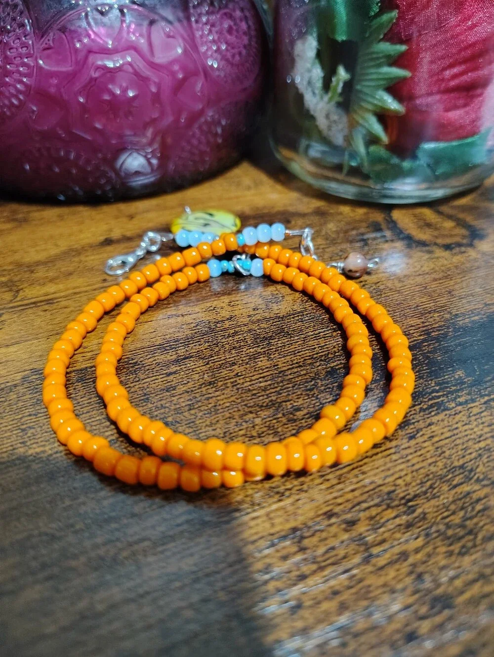 Orange Beaded Necklace with Yellow Pendant - Women's Handmade Necklace